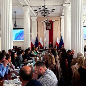 Uczestnicy narady w sali kolumnowej Podkarpackiego Urzędu Wojewódzkiego w Rzeszowie